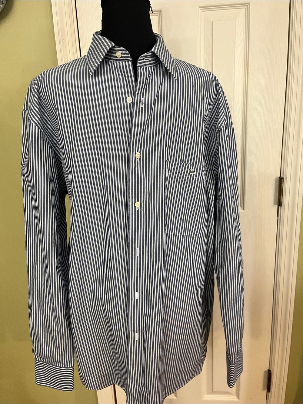 Lacoste Navy and White Vertical Stripe Dress Shirt